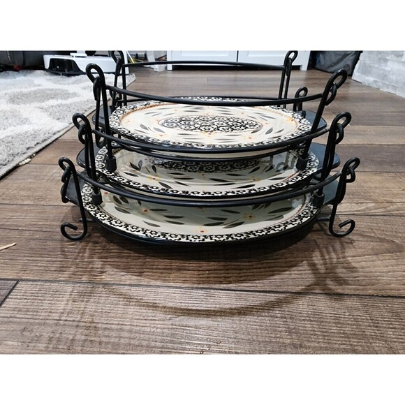 3 Temp-tations Old World Blue Ovenware Oval Platters w/ Wire Stand With Handles - Picture 11 of 12